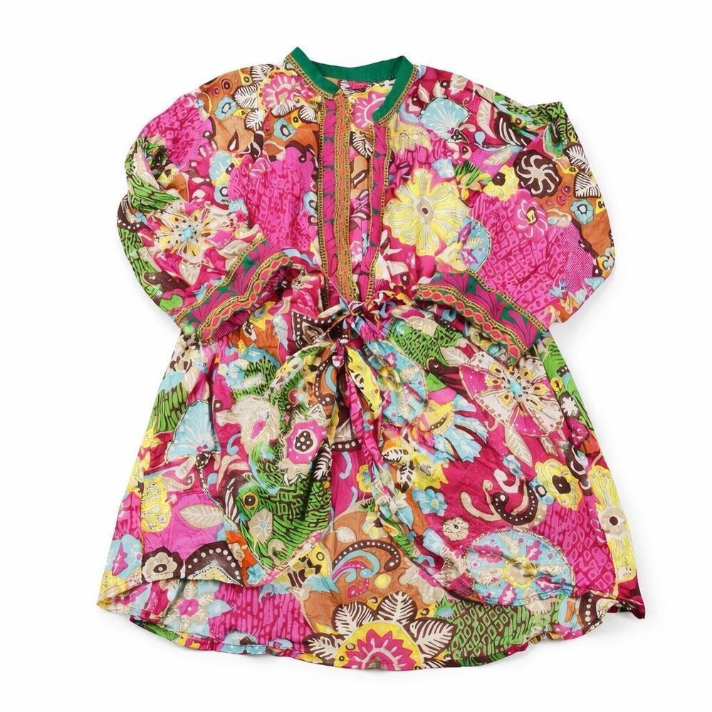 Sandy Starkman Embellished Coverup Swim Tunic Top Floral Hippie Vibrant Boho S
